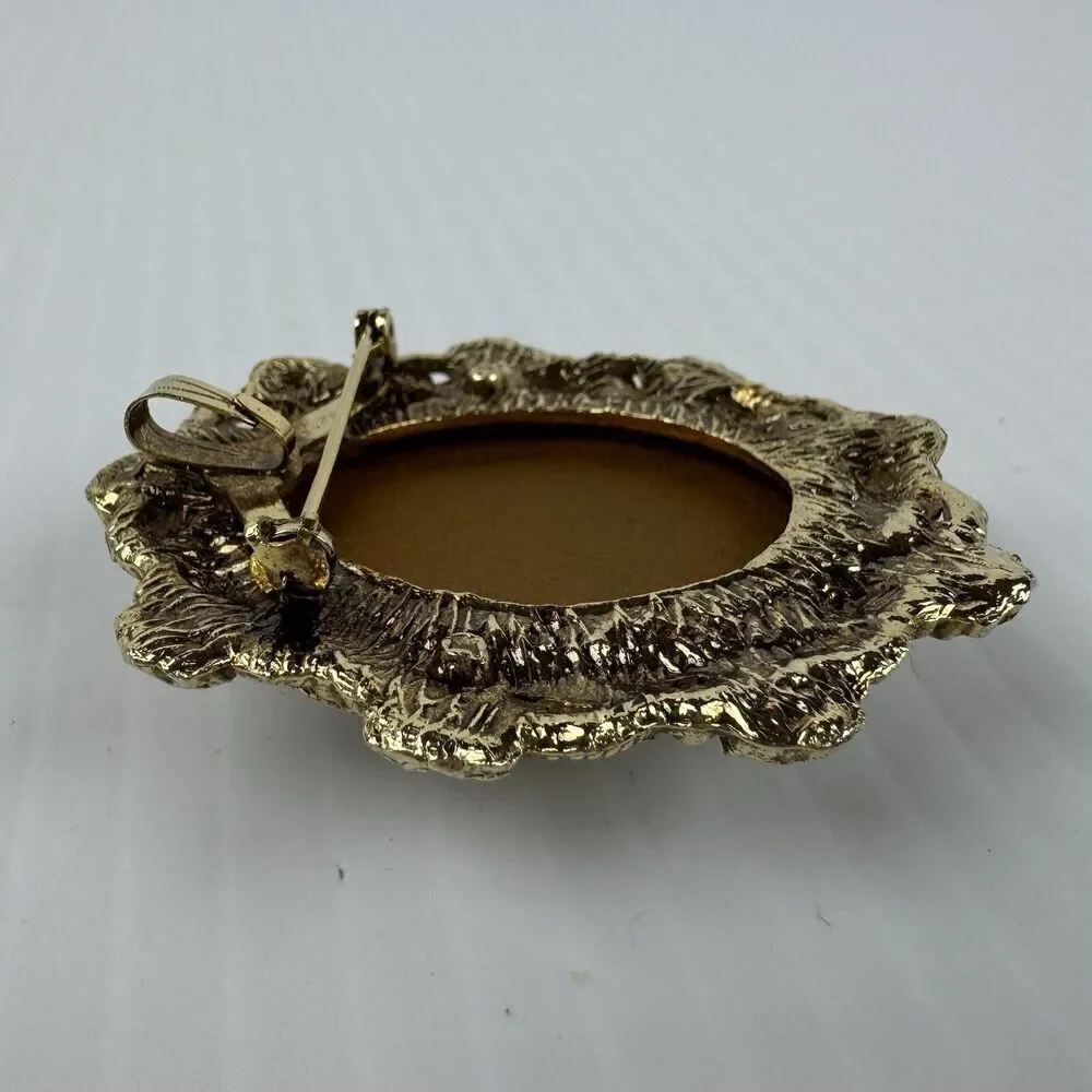 Vintage Opalescent Cabochon Brooch Gold Tone Ornate Oval Pin